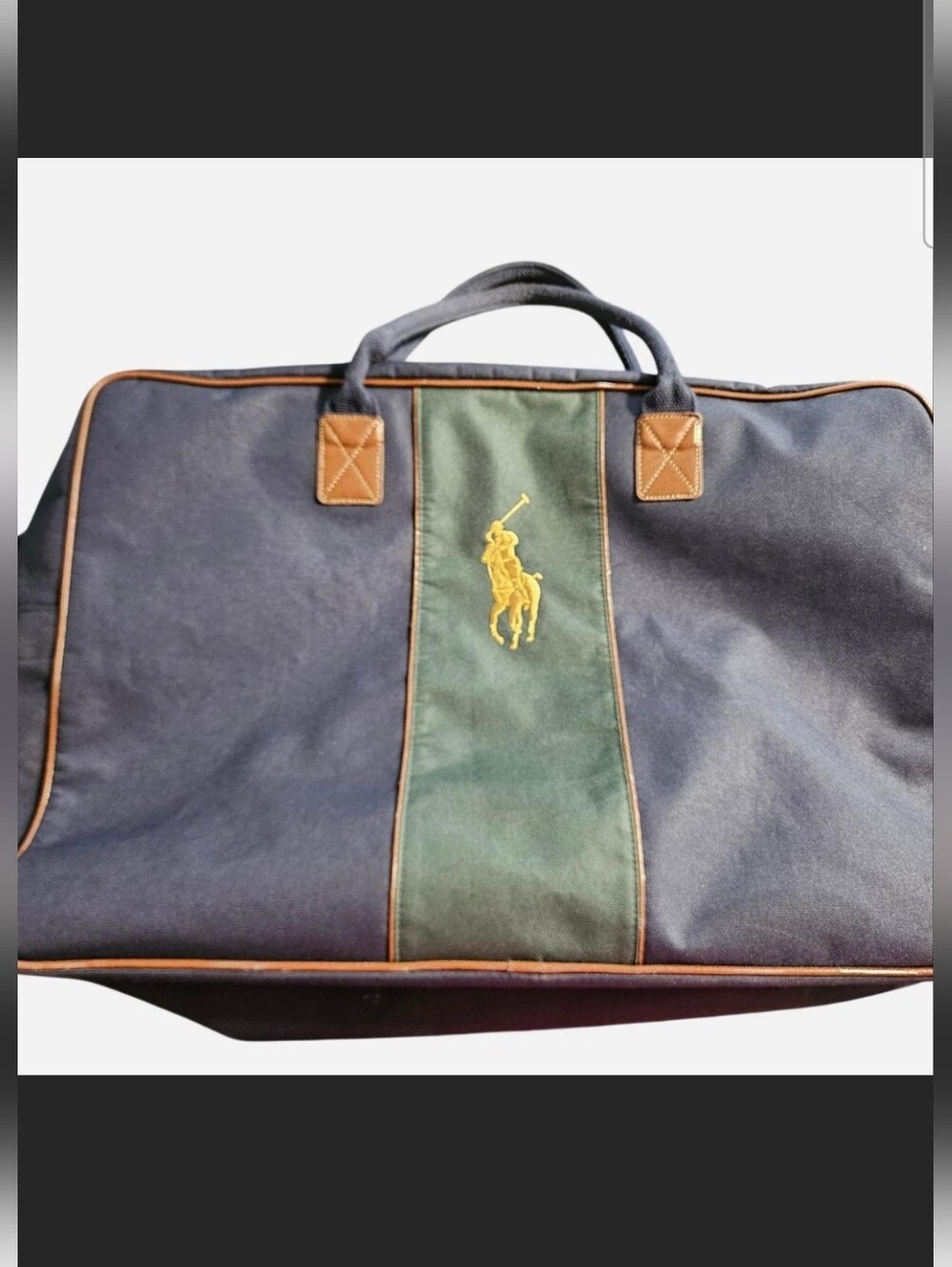 XL Vintage Polo by Ralph Lauren Navy Duffel with Green Center Stripe Yellow Logo